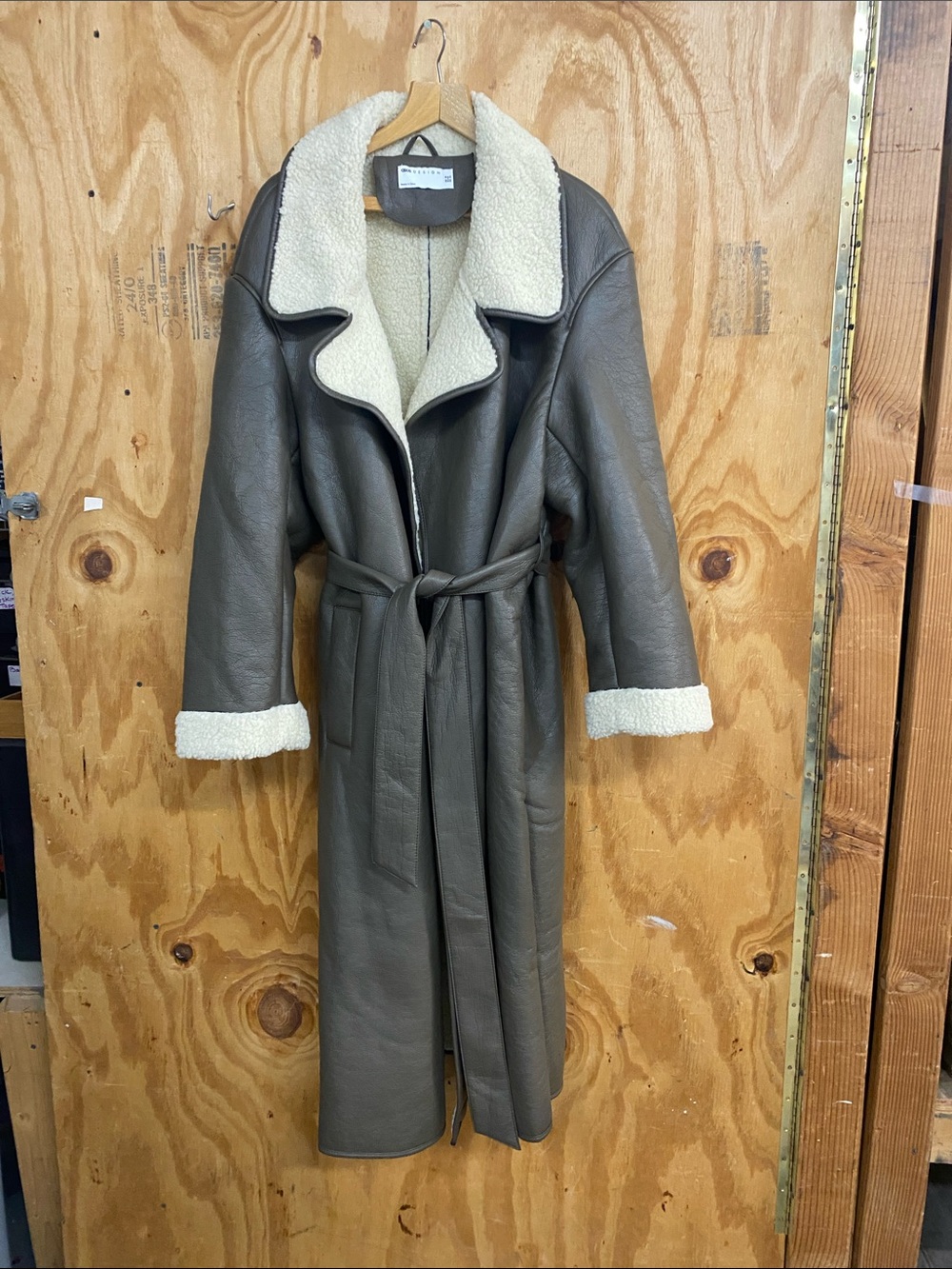 ASOS Olive Taupe Faux-Shearling Belted Trench Coat